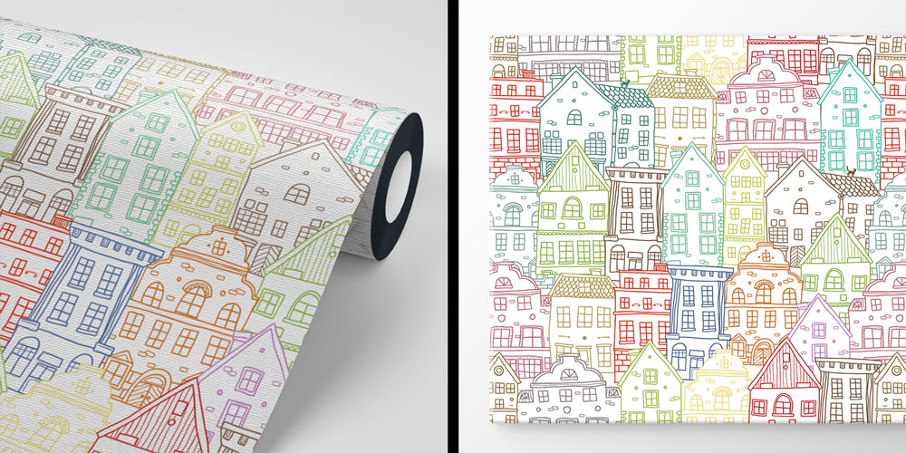 Renkli Ev Çizimleri Dekoratif Duvar Kağıdı 5560