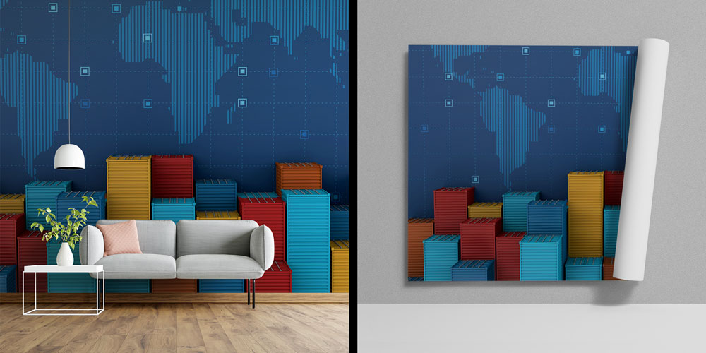 Konteyner ve Dünya Haritası Tasarımlı Duvar Kağıdı 5350