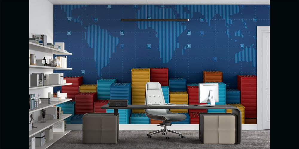 Konteyner ve Dünya Haritası Tasarımlı Duvar Kağıdı 5350