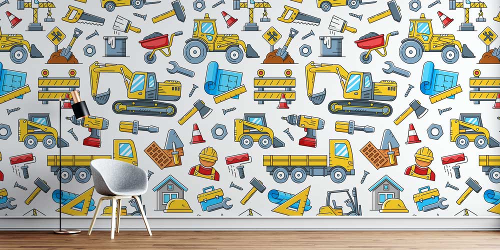 İnşaat Araçları ve Ekipman Desenli Duvar Kağıdı 5568