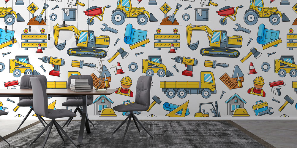 İnşaat Araçları ve Ekipman Desenli Duvar Kağıdı 5568