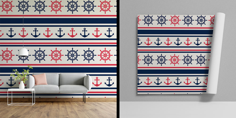 Çapa ve Dümen Şerit Desenli Marin Duvar Kağıdı 7445