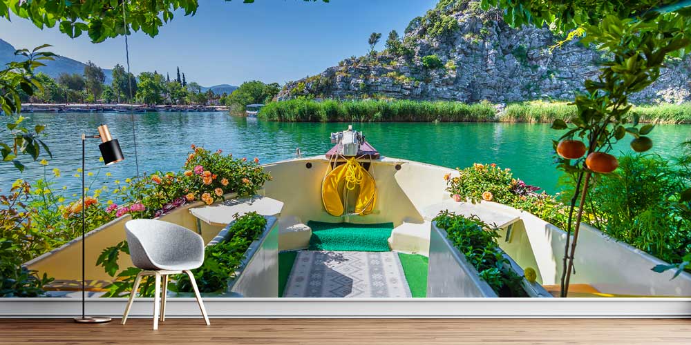 Turkuaz Nehir ve Tekne Manzaralı Duvar Kağıdı 11510