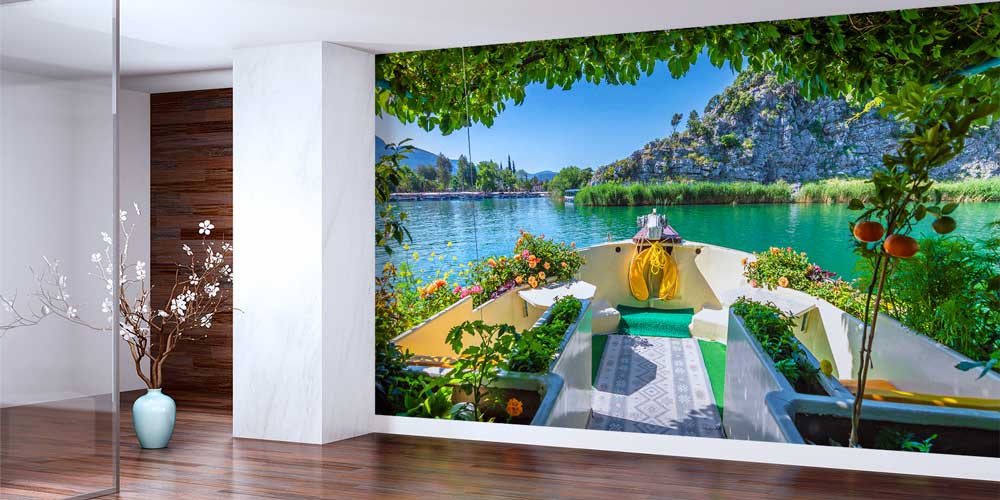 Turkuaz Nehir ve Tekne Manzaralı Duvar Kağıdı 11510