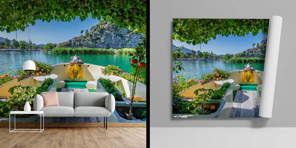 Turkuaz Nehir ve Tekne Manzaralı Duvar Kağıdı 11510