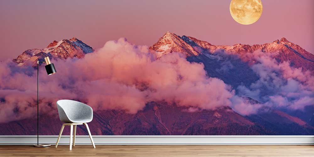 wallpaper-cover-13091-00 Dolunaylı Dağ Zirveleri ve Bulutlar Manzaralı Duvar Kağıdı 13091