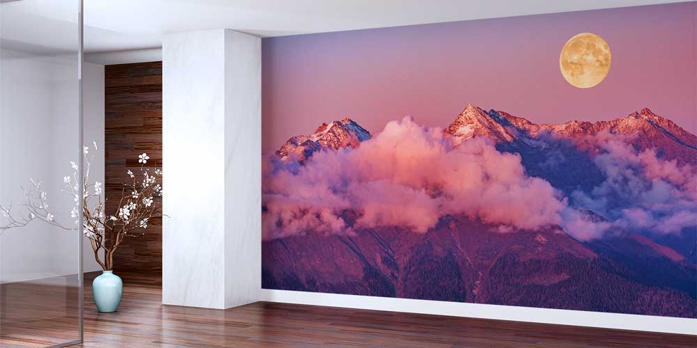 Dolunaylı Dağ Zirveleri ve Bulutlar Manzaralı Duvar Kağıdı 13091