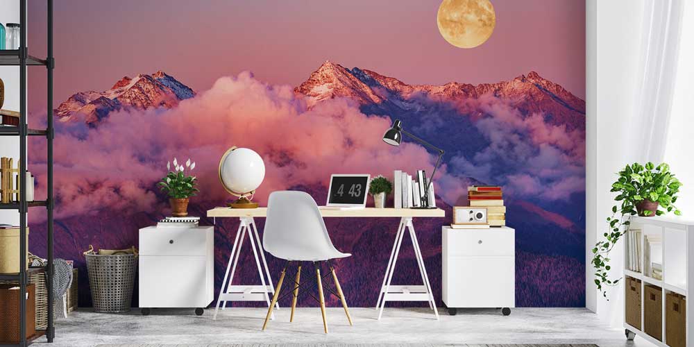 Dolunaylı Dağ Zirveleri ve Bulutlar Manzaralı Duvar Kağıdı 13091