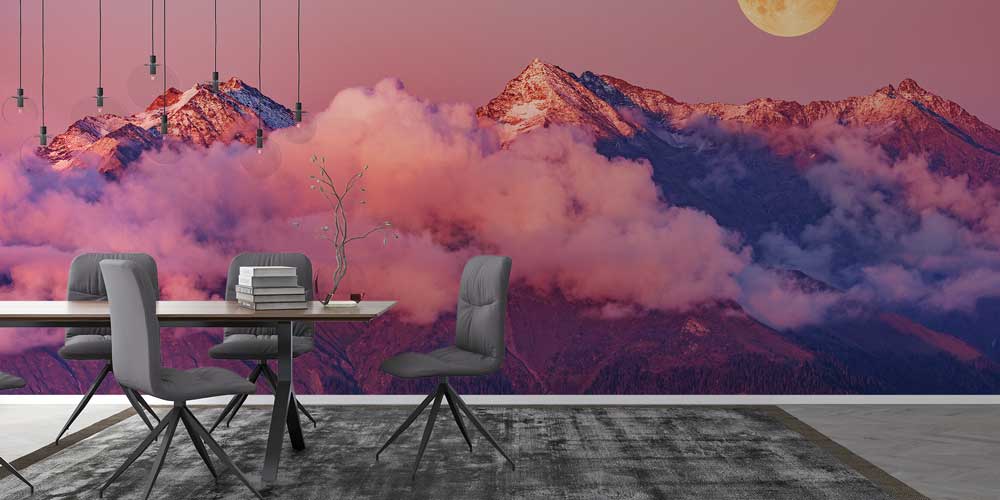Dolunaylı Dağ Zirveleri ve Bulutlar Manzaralı Duvar Kağıdı 13091