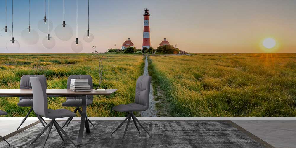 Gün Batımında Deniz Feneri ve Yeşil Düzlük Manzarası Duvar Kağıdı 13062