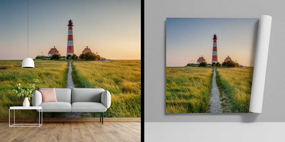 Gün Batımında Deniz Feneri ve Yeşil Düzlük Manzarası Duvar Kağıdı 13062