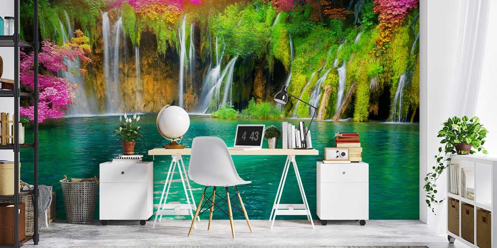 wallpaper-cover-design-13040-02 Renkli Şelaleler ve Turkuaz Göl Manzaralı Doğa Duvar Kağıdı 13040