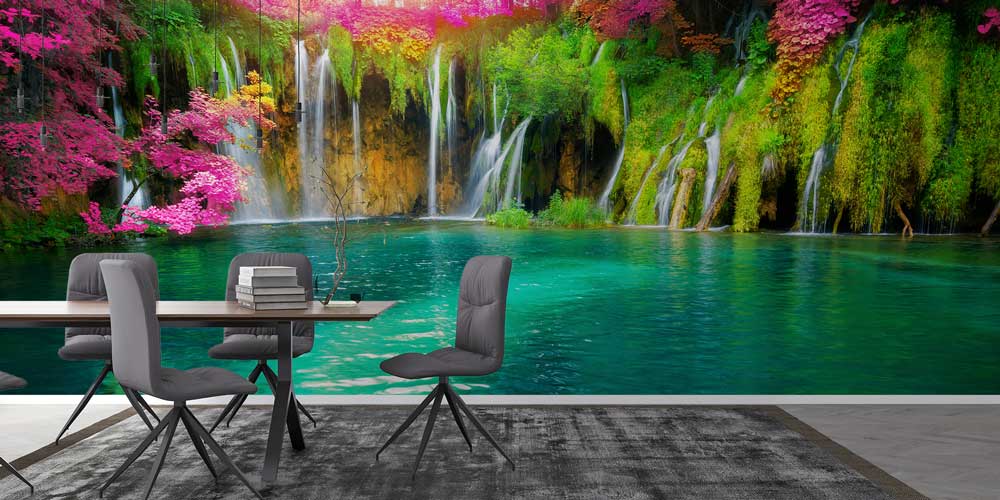 wallpaper-cover-design-13040-03 Renkli Şelaleler ve Turkuaz Göl Manzaralı Doğa Duvar Kağıdı 13040