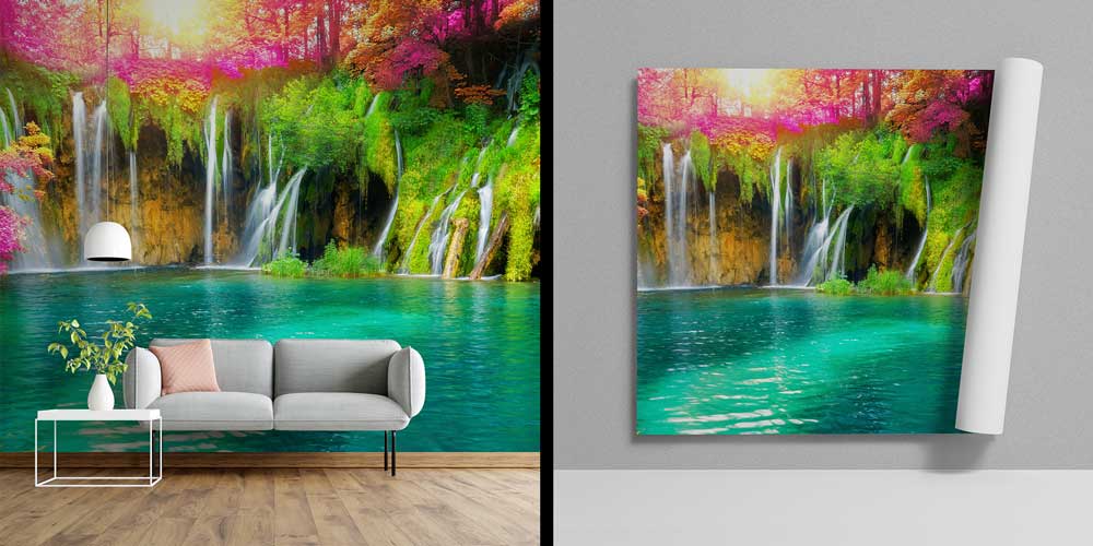 wallpaper-cover-design-13040-04 Renkli Şelaleler ve Turkuaz Göl Manzaralı Doğa Duvar Kağıdı 13040