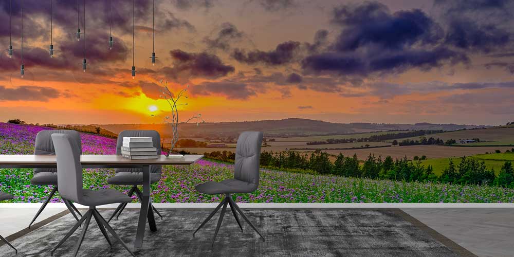 Gün Batımında Mor Çiçek Tarlası Manzaralı Duvar Kağıdı 13077