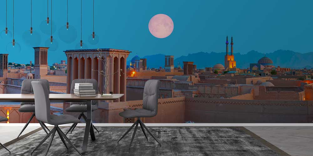Gece Şehri ve Dolunay Manzarası Duvar Kaplaması 12856