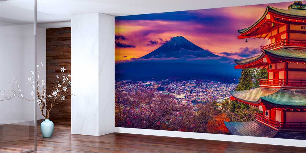 Fuji Dağı ve Tapınak Şehir Manzarası Duvar Kaplaması 12857