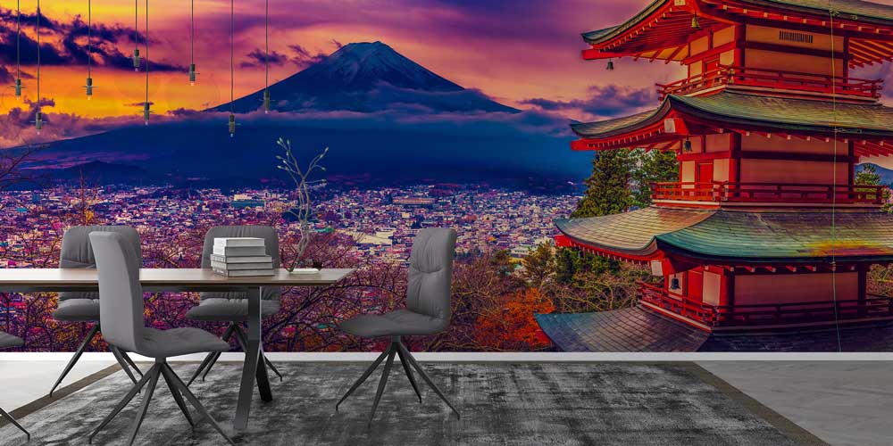 Fuji Dağı ve Tapınak Şehir Manzarası Duvar Kaplaması 12857