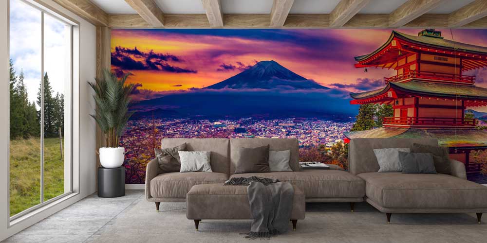 Fuji Dağı ve Tapınak Şehir Manzarası Duvar Kaplaması 12857