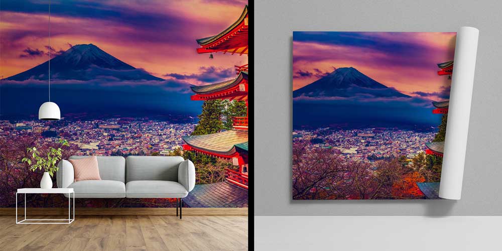 Fuji Dağı ve Tapınak Şehir Manzarası Duvar Kaplaması 12857