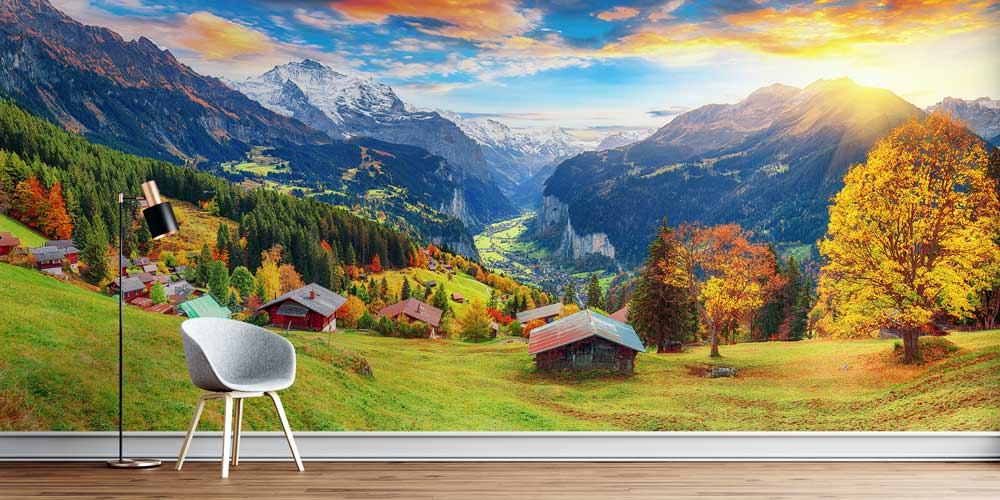 wallpaper-decoration-13123-00 Sonbahar Alp Vadisi ve Dağ Manzaralı Avrupa Duvar Kağıdı 13123