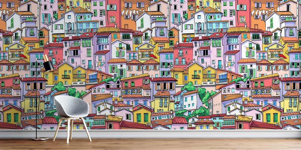 wallpaper-design-5561-0 Renkli Şehir Evleri Desenli Dekoratif Duvar Kağıdı 5561