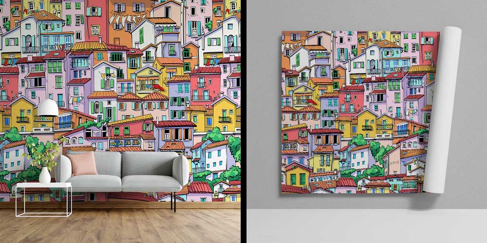 wallpaper-design-5561-00 Renkli Şehir Evleri Desenli Dekoratif Duvar Kağıdı 5561