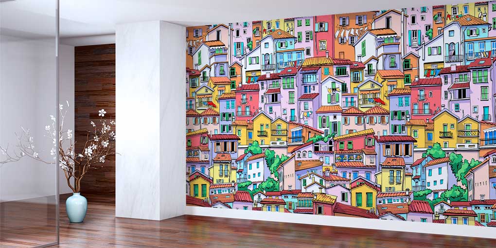 wallpaper-design-5561-01 Renkli Şehir Evleri Desenli Dekoratif Duvar Kağıdı 5561