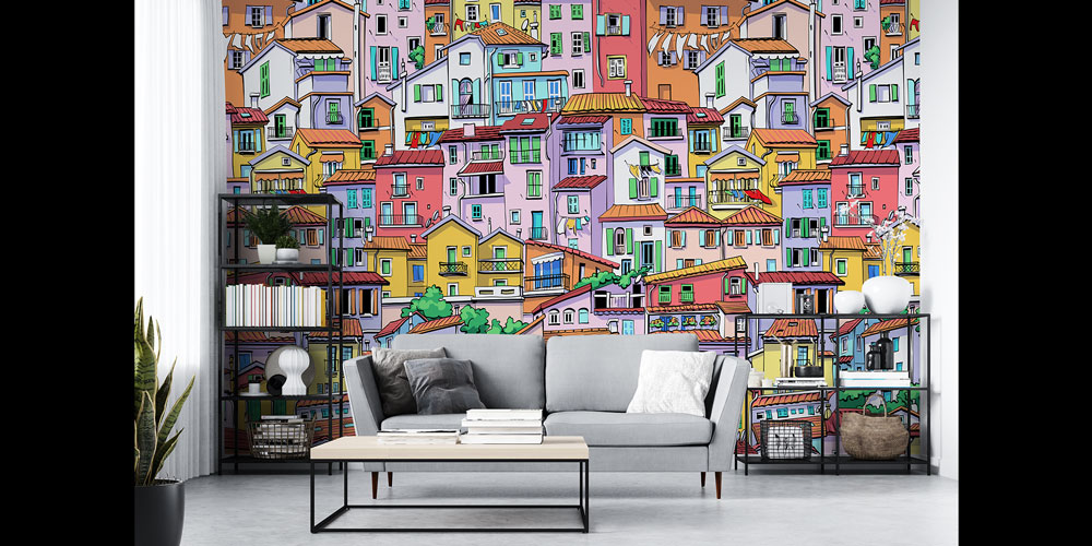 wallpaper-design-5561-02 Renkli Şehir Evleri Desenli Dekoratif Duvar Kağıdı 5561