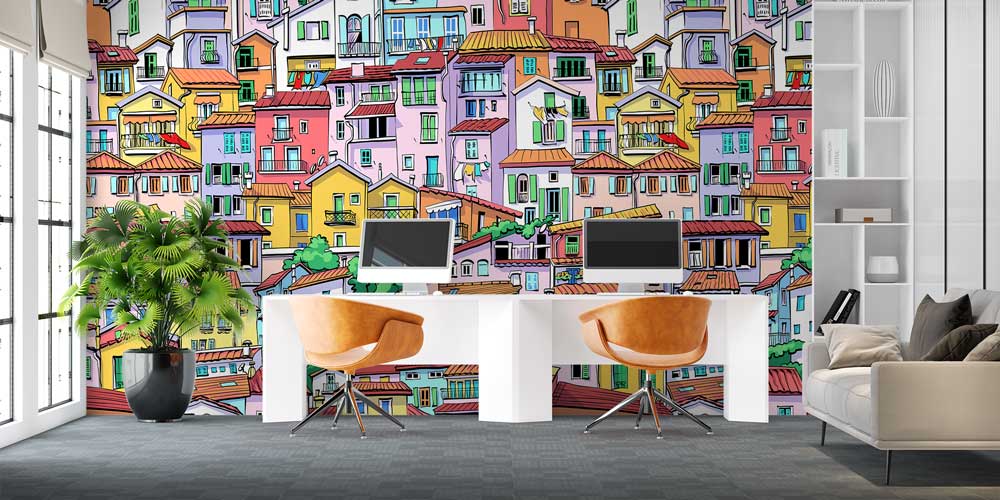 wallpaper-design-5561-03 Renkli Şehir Evleri Desenli Dekoratif Duvar Kağıdı 5561