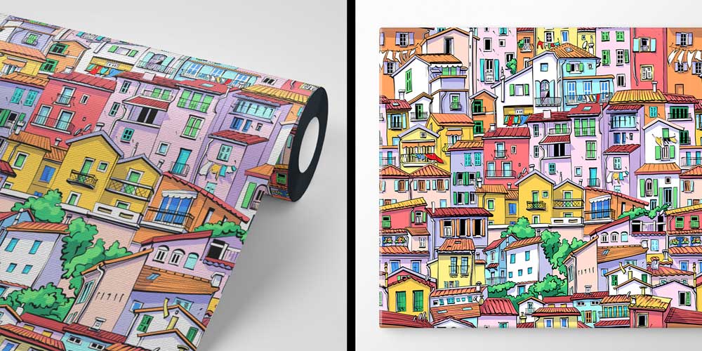 wallpaper-design-5561-04 Renkli Şehir Evleri Desenli Dekoratif Duvar Kağıdı 5561