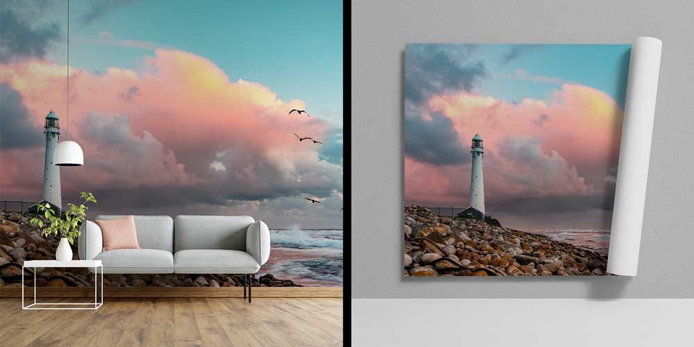 wallpaper-design-art-12794-03 Deniz Feneri ve Pembe Gün Batımı Duvar Kağıdı 12794