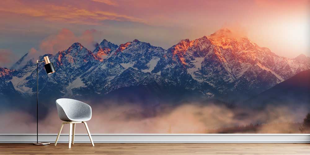 wallpaper-design-art-12980-00 Gün Batımında Sisli Dağ Zirveleri Manzarası Duvar Kağıdı 12980