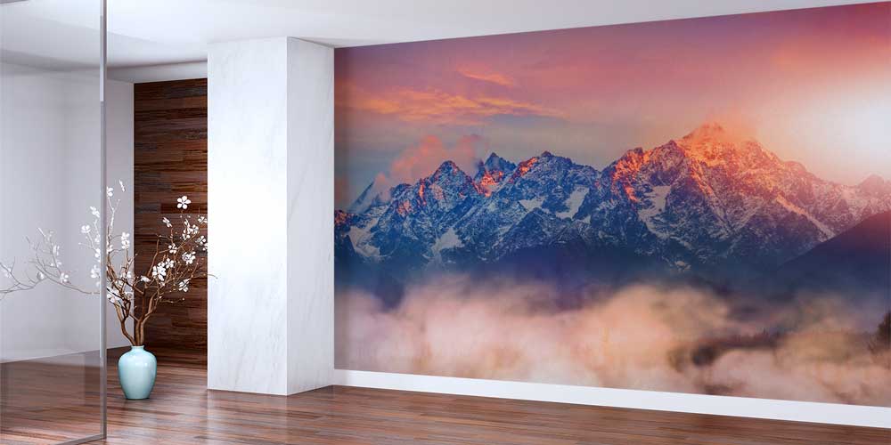 wallpaper-design-art-12980-01 Gün Batımında Sisli Dağ Zirveleri Manzarası Duvar Kağıdı 12980