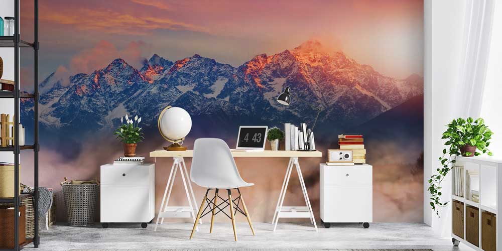 wallpaper-design-art-12980-02 Gün Batımında Sisli Dağ Zirveleri Manzarası Duvar Kağıdı 12980