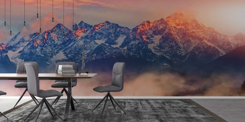 wallpaper-design-art-12980-03 Gün Batımında Sisli Dağ Zirveleri Manzarası Duvar Kağıdı 12980