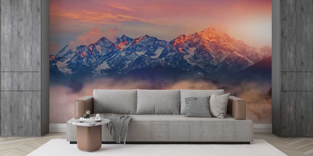 wallpaper-design-art-12980-04 Gün Batımında Sisli Dağ Zirveleri Manzarası Duvar Kağıdı 12980