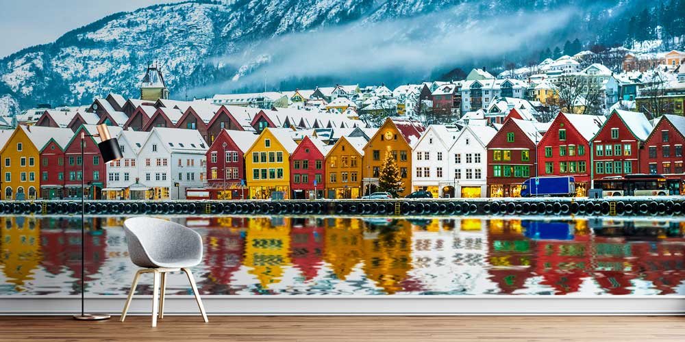 Nordik Sahil Kasabasında Kış Yansımaları Duvar Kağıdı 12920