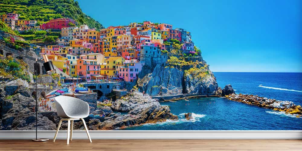 wallpaper-interior-design-12909-00 Cinque Terre Manzarası ve Renkli Sahil Köyü Panorama Fotoğraf Duvar Kağıdı 12909