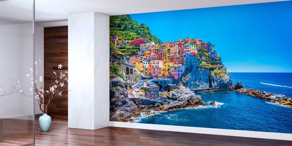 Cinque Terre Manzarası ve Renkli Sahil Köyü Panorama Fotoğraf Duvar Kağıdı 12909