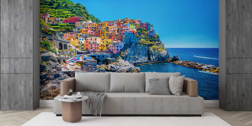 Cinque Terre Manzarası ve Renkli Sahil Köyü Panorama Fotoğraf Duvar Kağıdı 12909