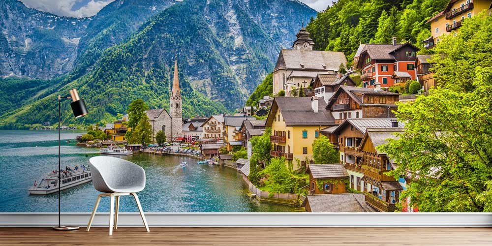 Hallstatt Gölü ve Dağ Kasabası Panorama Fotoğraf Duvar Kağıdı 12915