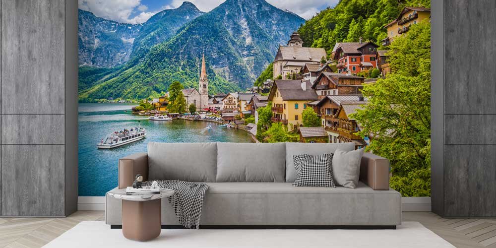 Hallstatt Gölü ve Dağ Kasabası Panorama Fotoğraf Duvar Kağıdı 12915