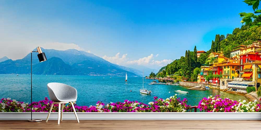 wallpaper-interior-design-13102-00 Renkli Sahil Evleri ve Göl Manzaralı Avrupa Duvar Kağıdı 13102