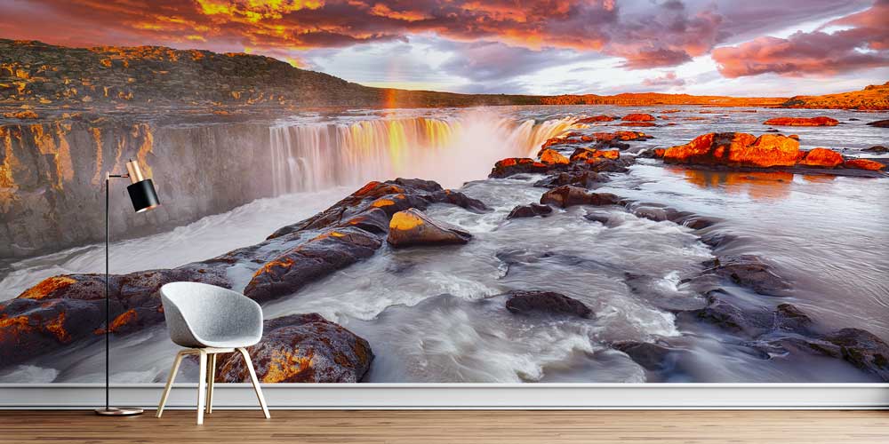 Gün Batımında Şelale ve Kayalıklar Manzaralı Avrupa Duvar Kağıdı 13098