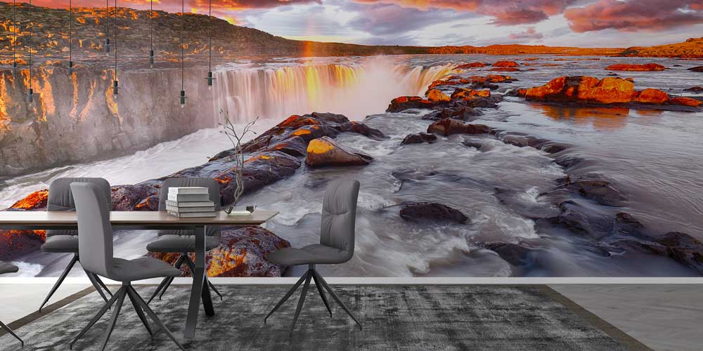 Gün Batımında Şelale ve Kayalıklar Manzaralı Avrupa Duvar Kağıdı 13098