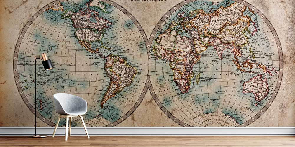 Çift Yarımküre Antik Dünya Haritası Harita Sanatı Duvar Kağıdı 5243