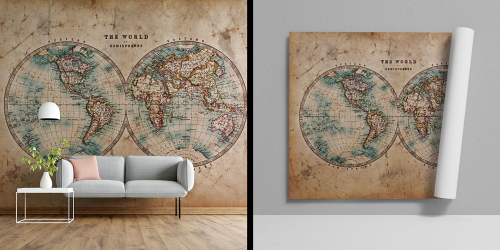 Çift Yarımküre Antik Dünya Haritası Harita Sanatı Duvar Kağıdı 5243