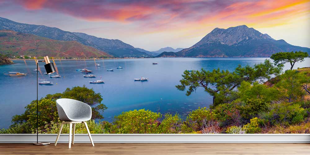 wallpaper-wall-art-11531-00 Dağlarla Çevrili Koy ve Gün Batımı Manzaralı Duvar Kağıdı 11531