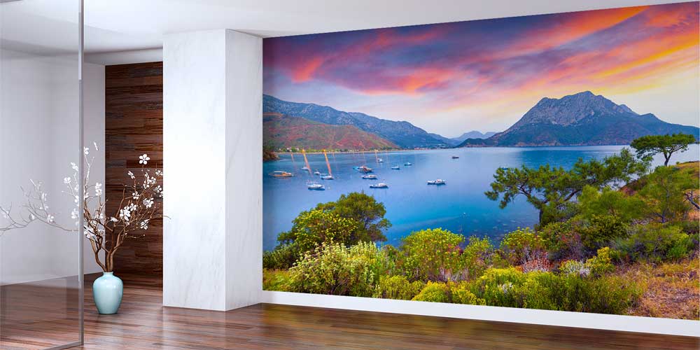 Dağlarla Çevrili Koy ve Gün Batımı Manzaralı Duvar Kağıdı 11531